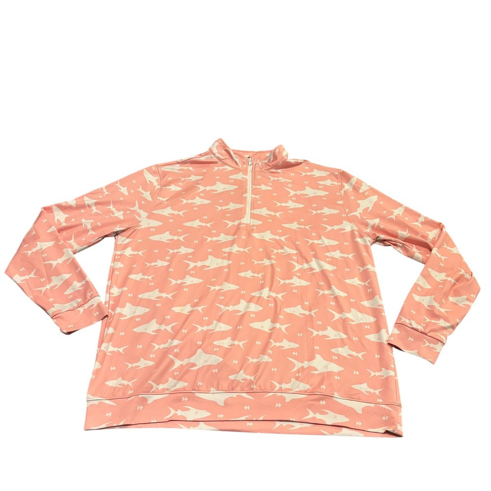 Waggle Mens XL Coral Pink Shark Print Quarter Zip Pullover Performance Golf Top